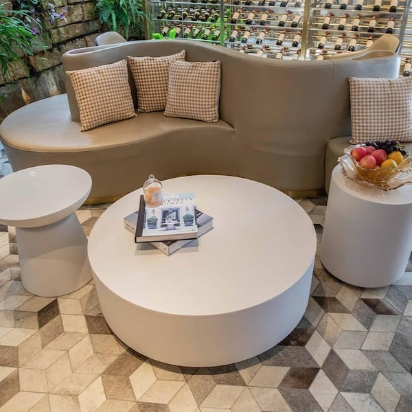 Outdoor Side Table Concrete Look Round Pedestal Base Cream White