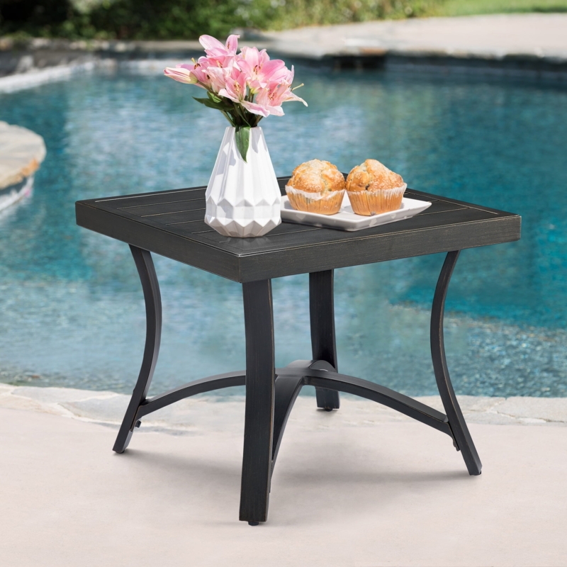 Outdoor Side Table featuring Half Arc Base and Matte Black Slatted Top