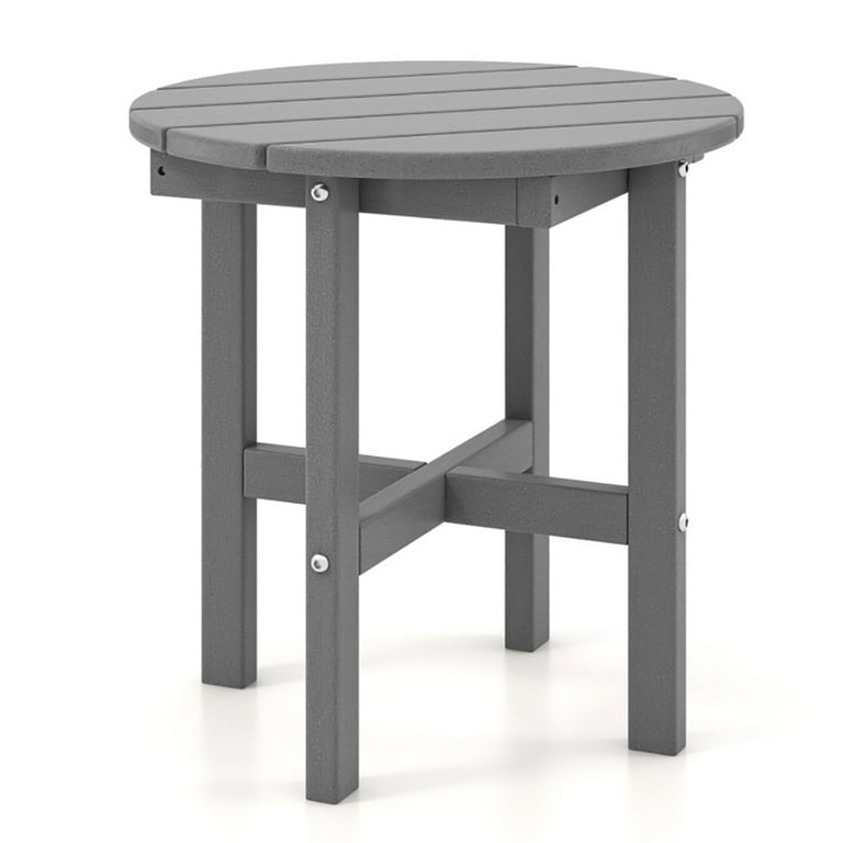 Outdoor Side Table: Gray Round Slatted Top with Cross Base