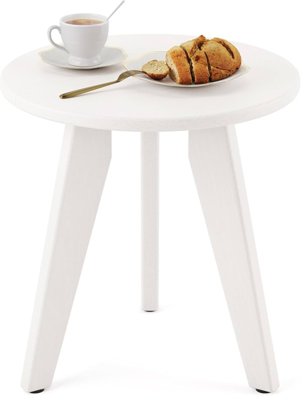 Outdoor Side Table HDPE Material Round Pedestal Base White Slatted Patio