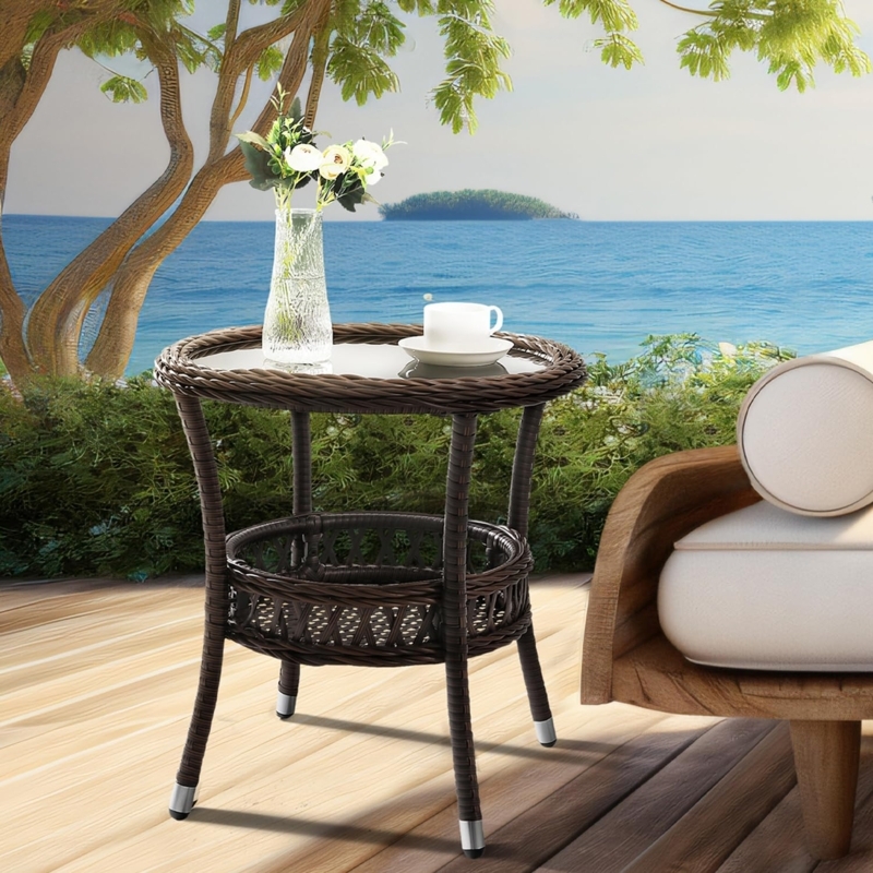 Outdoor Side Table Round Woven Drum Glass Top Dark Brown Patio