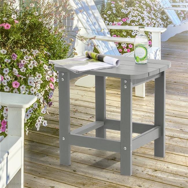 Outdoor Side Table Slatted Top Plastic Like Coastal Style Finish