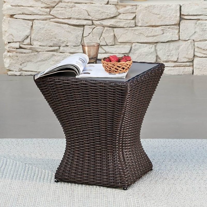 Outdoor Side Table Square Cement Top Block Legs Woven Wicker