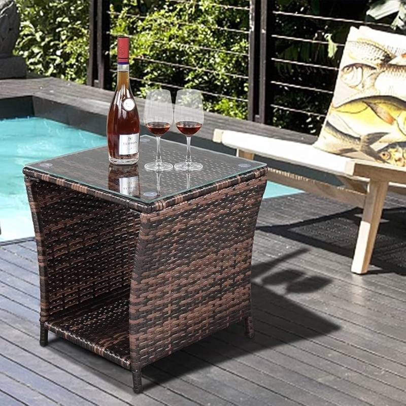 Outdoor Side Table Square With Storage Shelf Glass Top Brown Wicker