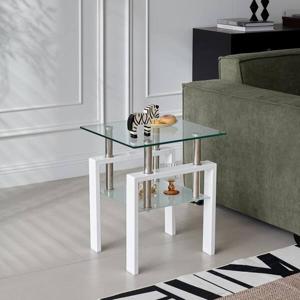 Outdoor Side Table, Two-Tier White Glass
