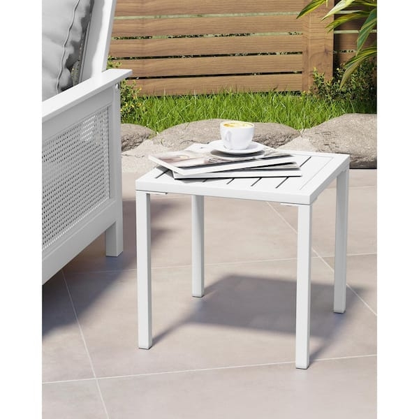 Outdoor Side Table White Aluminum Slatted Top Square Patio
