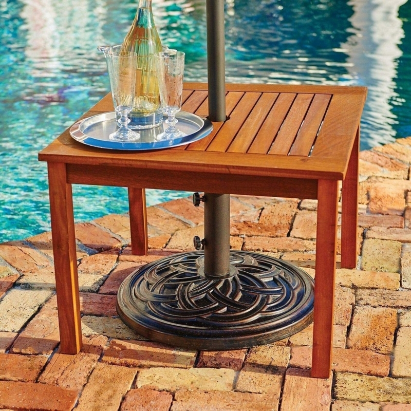 Outdoor Side Table with Slatted Wood Top and Integrated Umbrella Hole