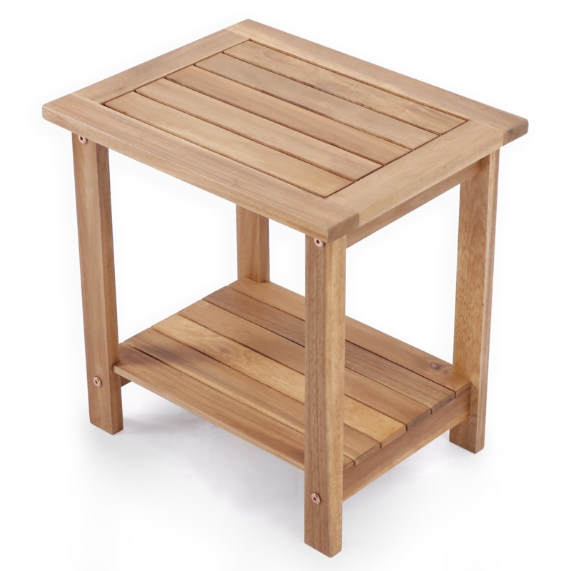 Outdoor Side Table with Two-Tier Design, Natural Wood Patio End Table