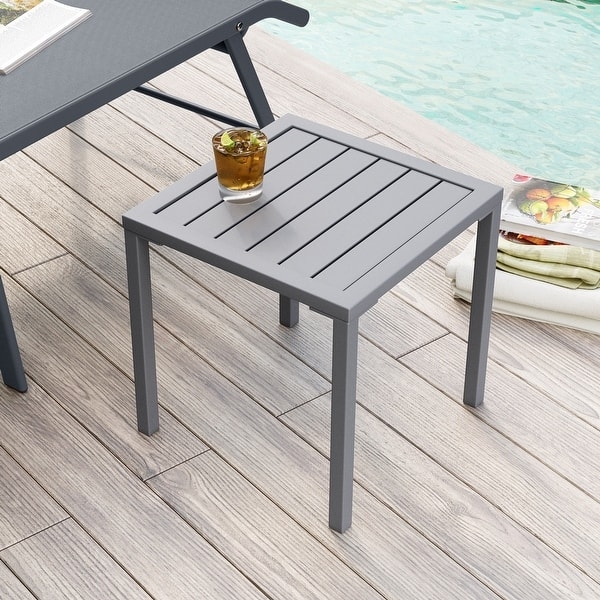 Outdoor Side Table X-Frame Aluminum Slatted Top Modern Gray