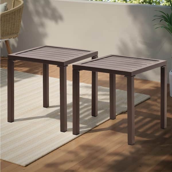 Outdoor Side Tables: Wood Grain Texture, Slat Top, Brown End Tables