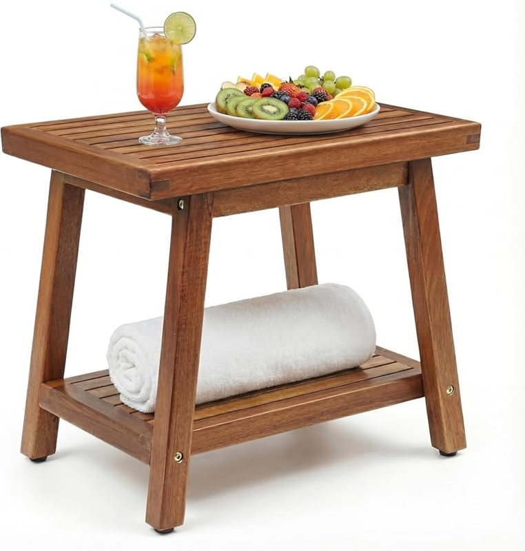 Outdoor Slatted Side Table Square Two-Tier Patio End Table Wood
