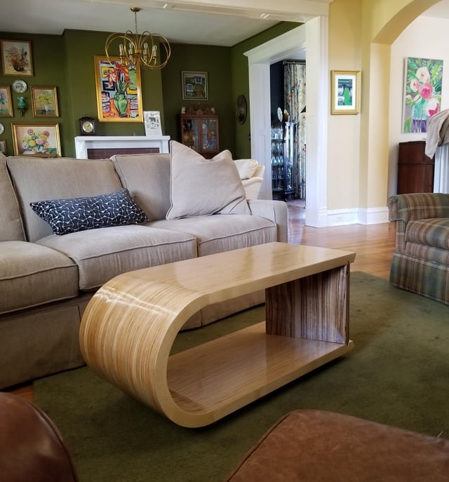 Oval Coffee Table Plywood Top Striped Pedestal Base Modern Den Decor