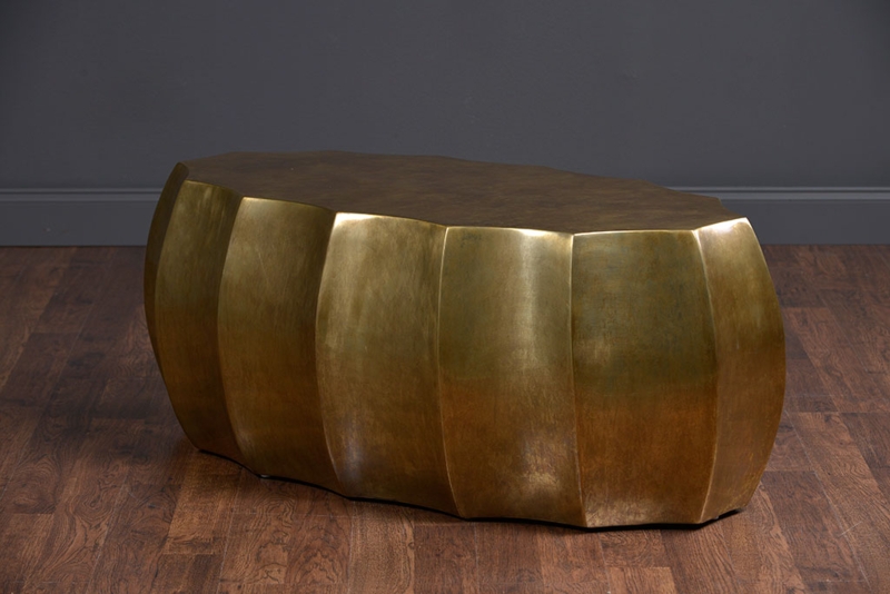 Oval Coffee Table Scalloped Pedestal Base Antiqued Brass