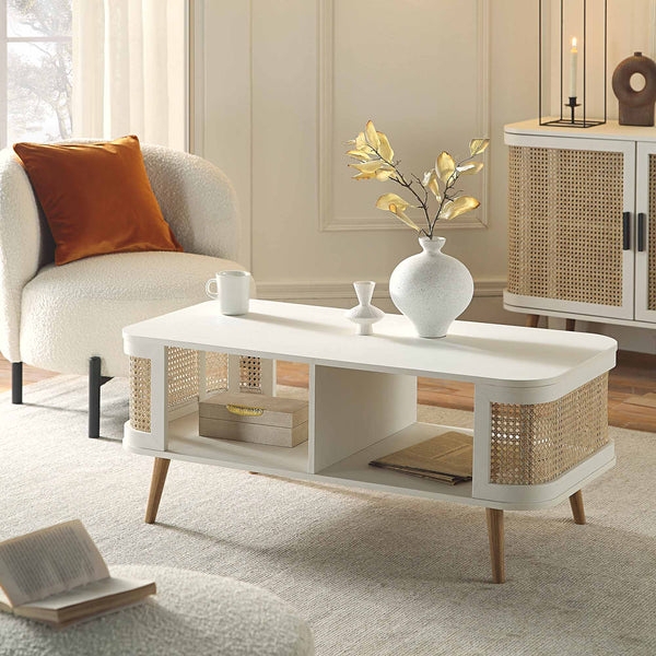 Oval Coffee Table White Woven Rattan Capsule Shape Coastal Style