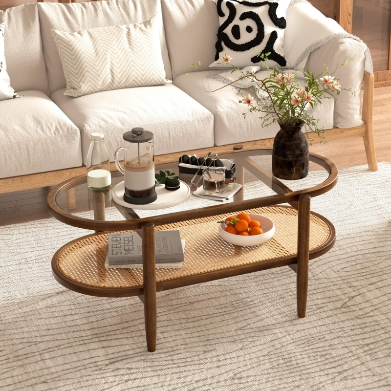Oval Coffee Table with Glass Top and Rattan Storage Shelf Tier