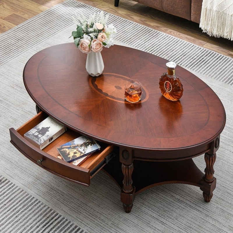 Oval Coffee Table with Storage Drawer Victorian Style Wood Finish