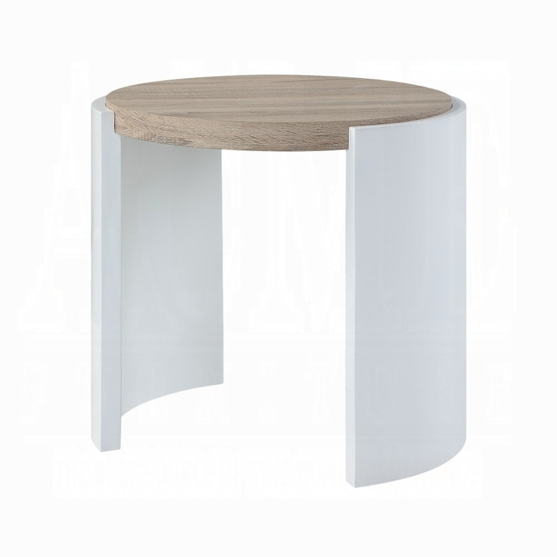 Oval End Table High Gloss White Top Oak Sled Base