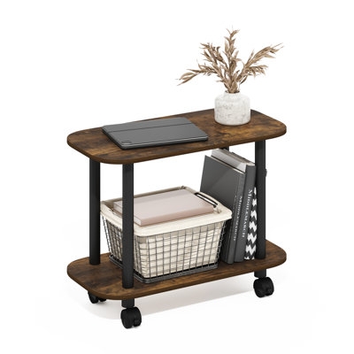 Oval End Table in Amber Pine with Three-Tier Storage and Casters