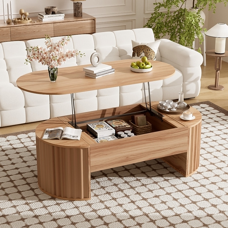 Oval Lift Top Coffee Table with Hidden Storage, Mid Century Design