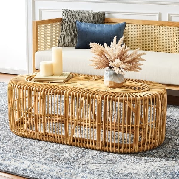 Oval Rattan Coffee Table with Open Weave Base Tropical Style