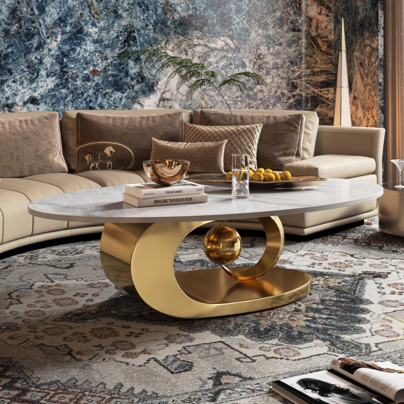 Oval Sculptural Coffee Table with Gray Sphere and Crescent Base