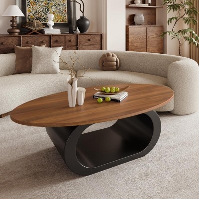 Oval Wood Coffee Table Black Metal Cross Base Warm Brown Top