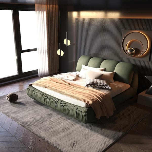 Oversized Emerald Green Velvet Platform Bed with Channel Headboard