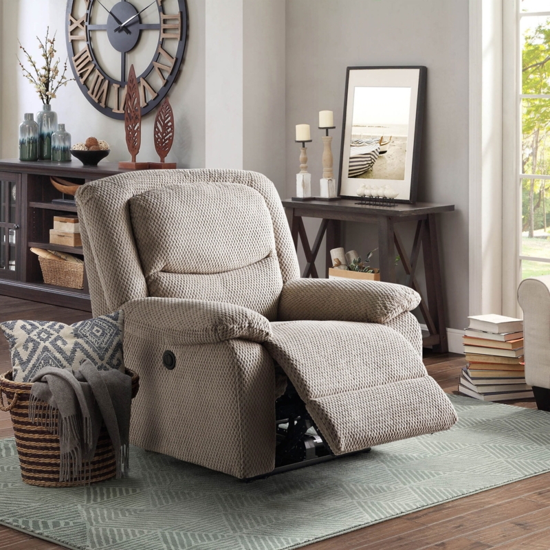 Oversized Power Recliner with Cup Holders in Beige Woven Fabric