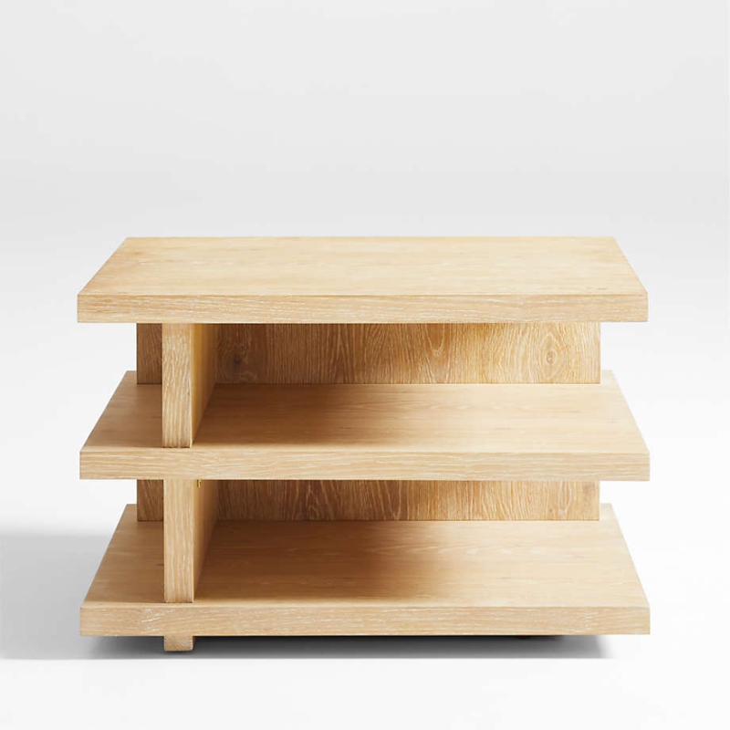Oversized Wooden End Table: Minimalist Tiered Shelves & Light Wood
