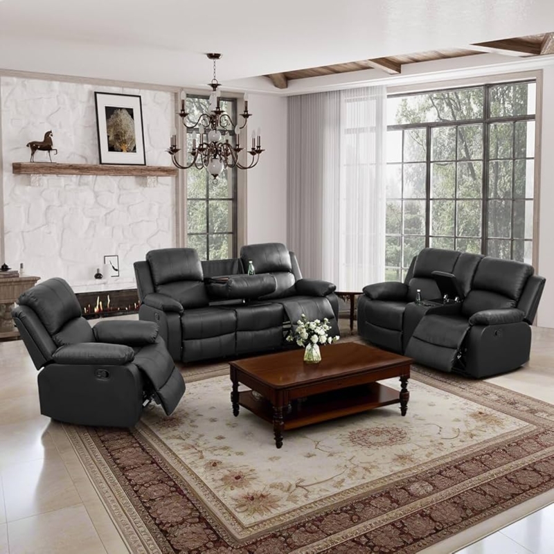 Overstuffed Black Recliner Sofa Set with Console and Cup Holders