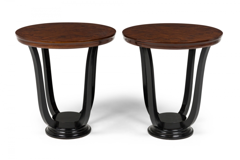 Pair of Art Deco End Tables with Circular Burl Wood Tops