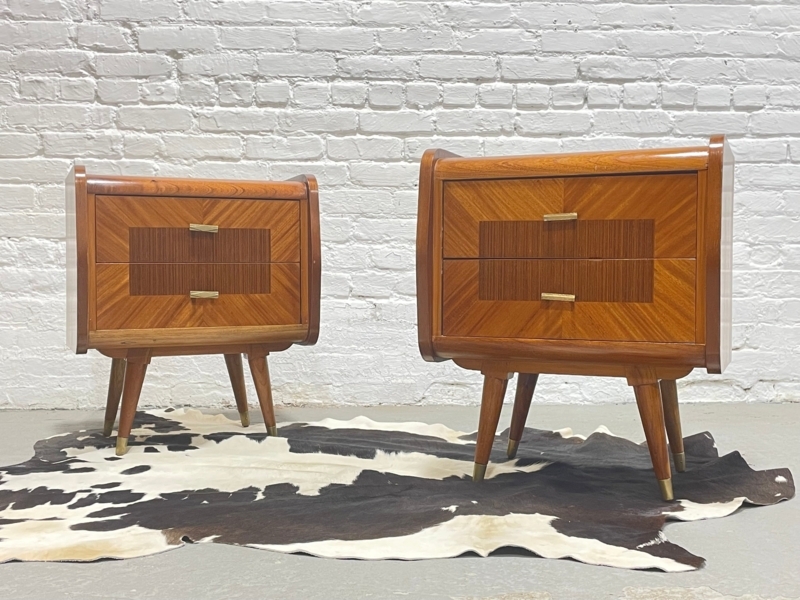Pair of Dark Wood Nightstands with Brass Pulls and Tapered Legs