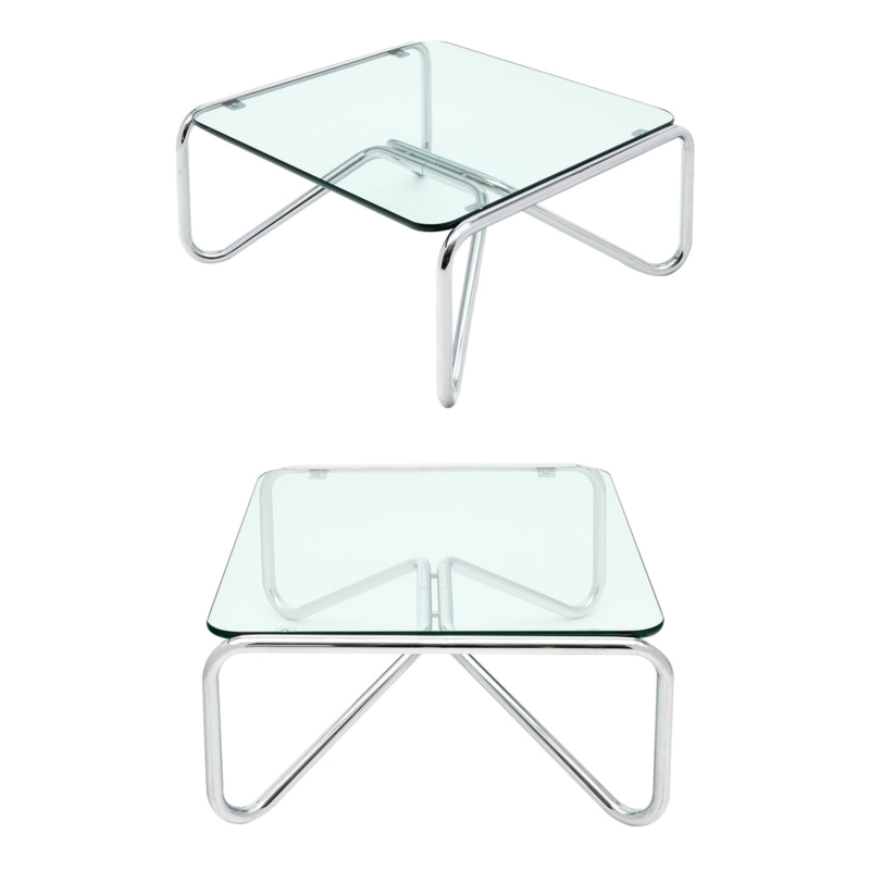 Pair of Minimalist Square Glass and Chrome Coffee Tables