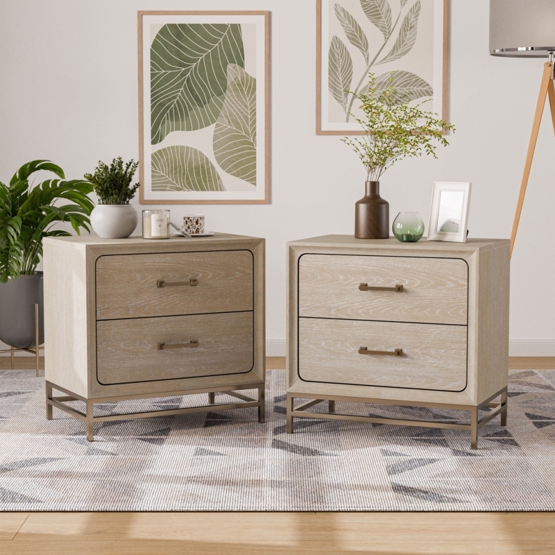 Pair of Nightstands with Curved Fronts and Warm Wood Finish