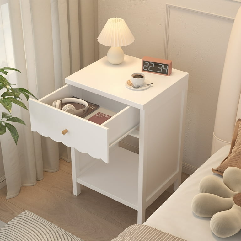 Pair of Nightstands with Scalloped Gallery Rail and Open Shelf