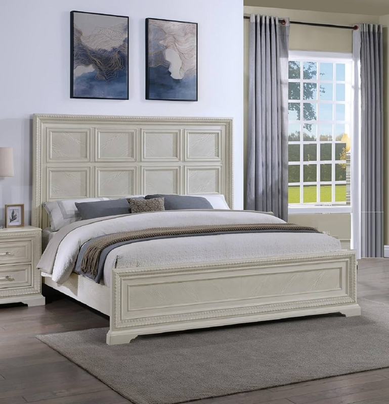 Panel Bed Arched Channeled Headboard Cream Finish Modern Farmhouse