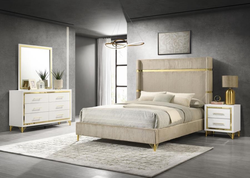 Panel Bed, Beige Wingback with Channel Tufting, Gold Accents