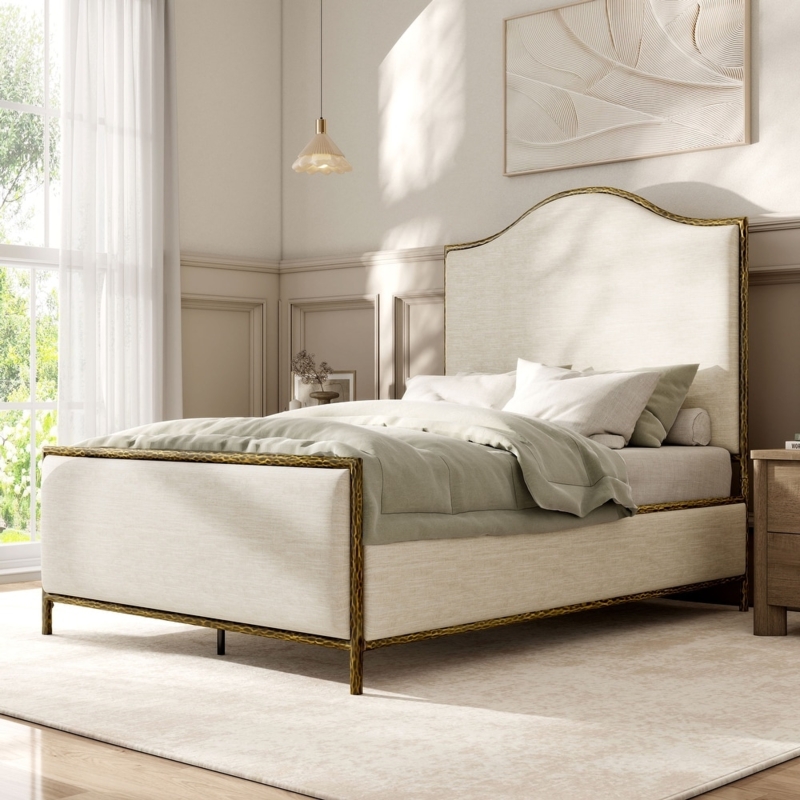 Panel Bed Camelback Headboard Hammered Metal Frame Beige Upholstery