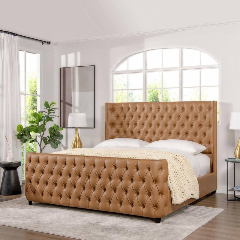 Panel Bed Caramel Tan Wingback Silhouette Button Tufting