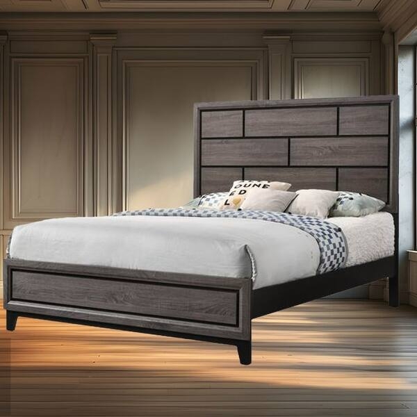 Panel Bed Recessed Box Headboard Dark Walnut Wood Finish
