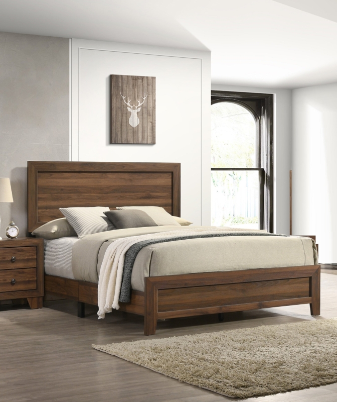 Panel Bed Traditional Cherry Finish Ornate Carvings Beige Tufting
