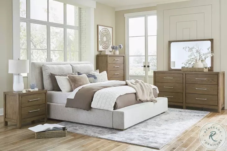 Panel Bed Transitional Light Brown Linen Like Upholstery Tapered Feet