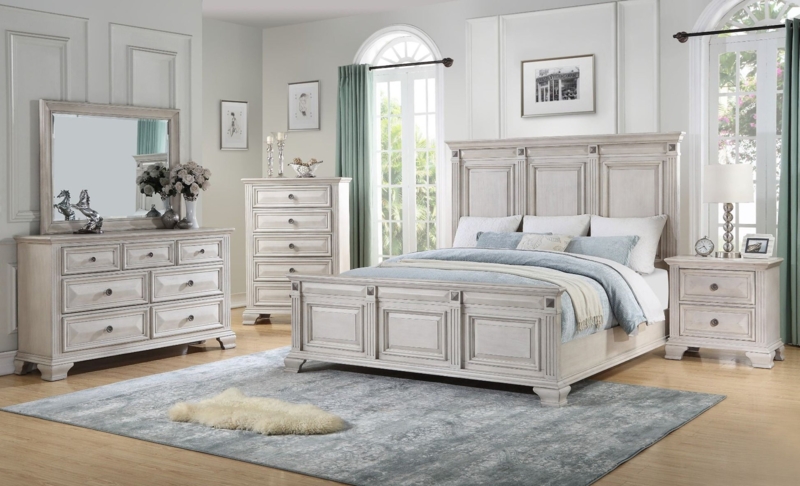 Panel Bed with Button Tufting Distressed Parchment Finish Cottage Style