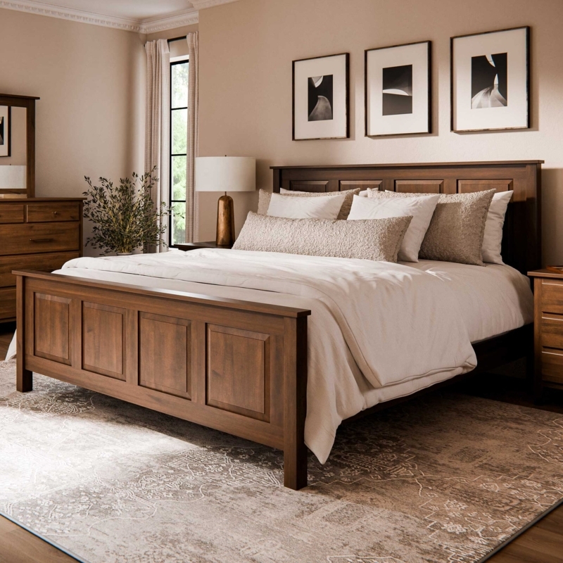 Panel Bed with Chunky Block Legs, High Headboard Modern Farmhouse Style