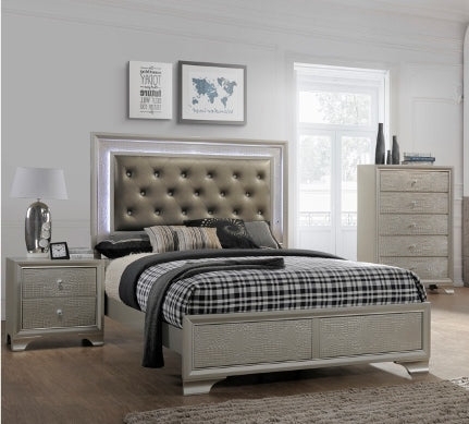 Panel Bed with Headboard Lights in Grey Washed Finish