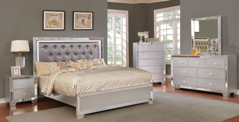 Panel Bed with Integrated LED Accent Lighting and Textured Drawer Fronts