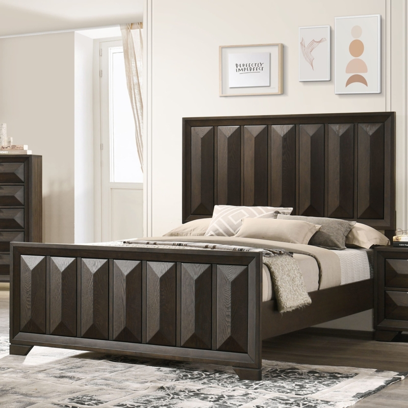 Panel Bed with Vertically Faceted Headboard in Dark Wood
