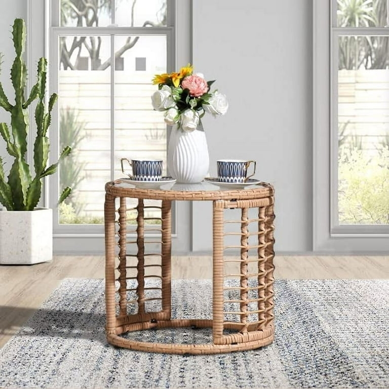 Patio Side Table Flared Silhouette Inset Glass Top Beige Wicker