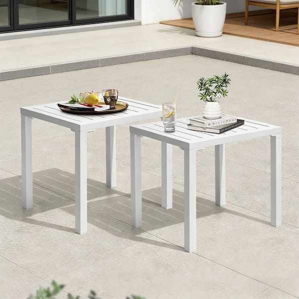 Patio Side Table Set of 2 White Slatted Top Rectangular Modern