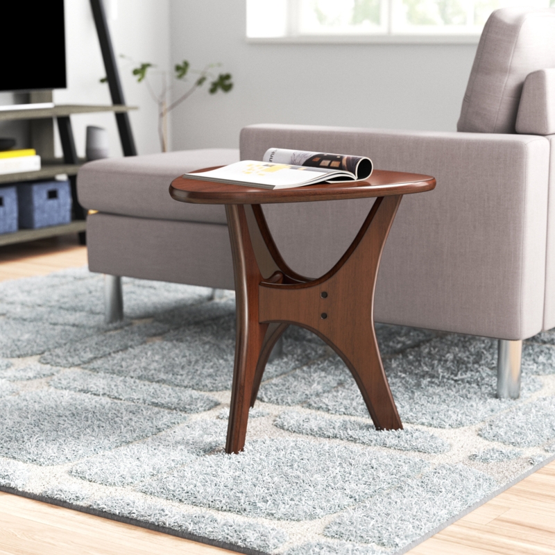 Pecan Finish Triangular End Table with Two-Tier Storage